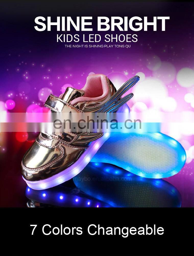 Wholesale hot sell Mirror-PU leather Led light up kids Wings shoes Children Led shoes sneakers with USB rechargeable
