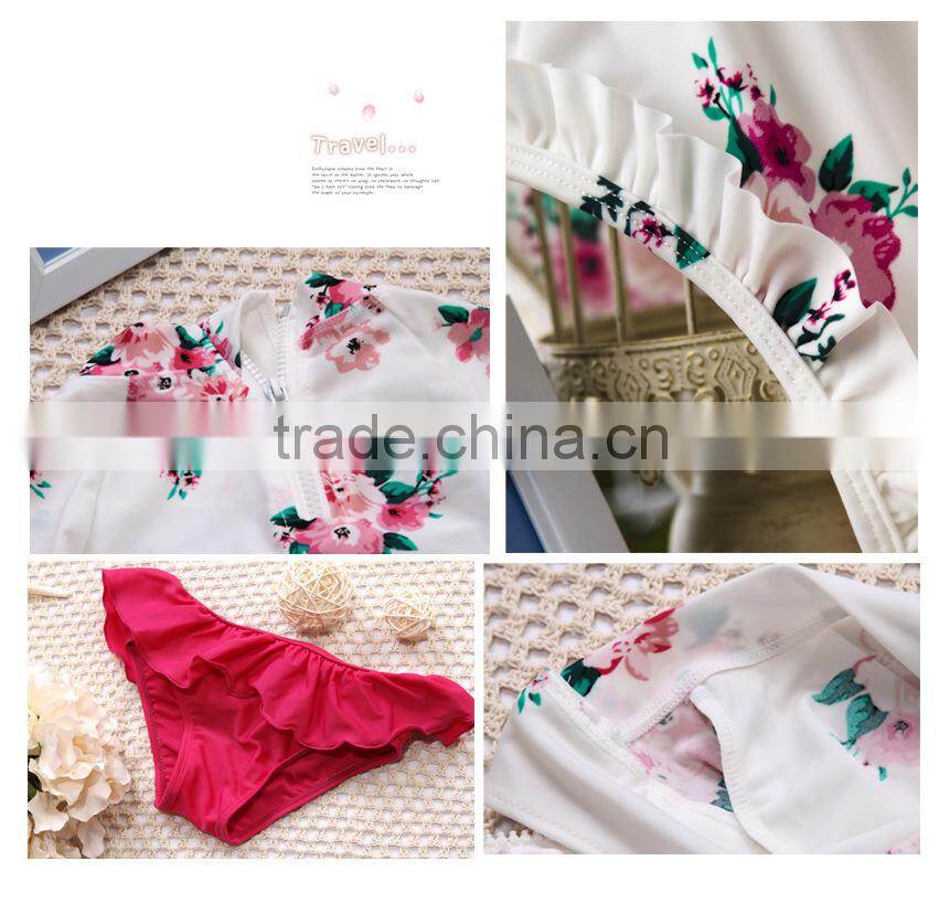 beautiful flower printed children bath suits fancy swimwear with cap wholesale