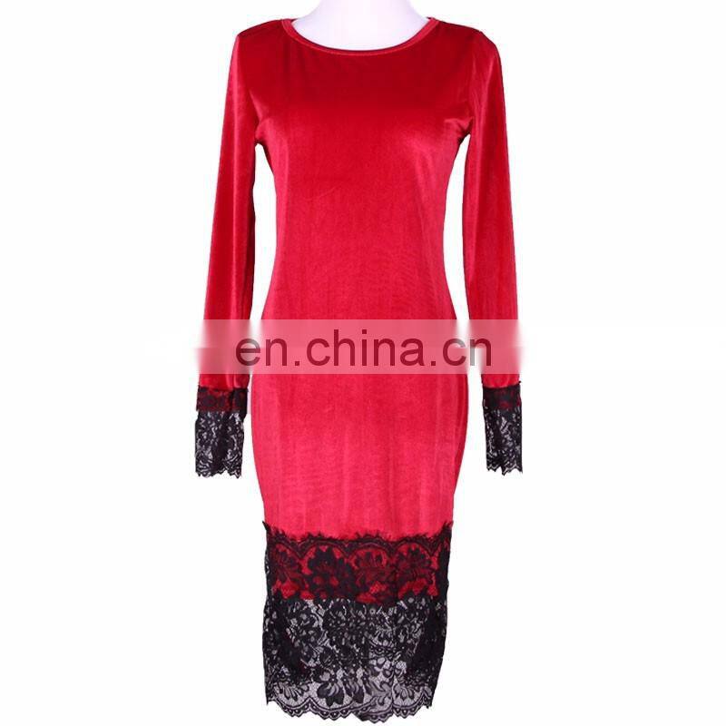 Velvet Dress Women Long Sleeve Lace Patchwork Party Dresses Elegant Bodycon Office Dress