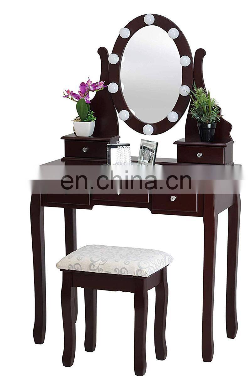 Brown Dressing Table with Stool and LED Lights with 5 Drawers and Mirror Dresser Furniture Dresser Makeup Table