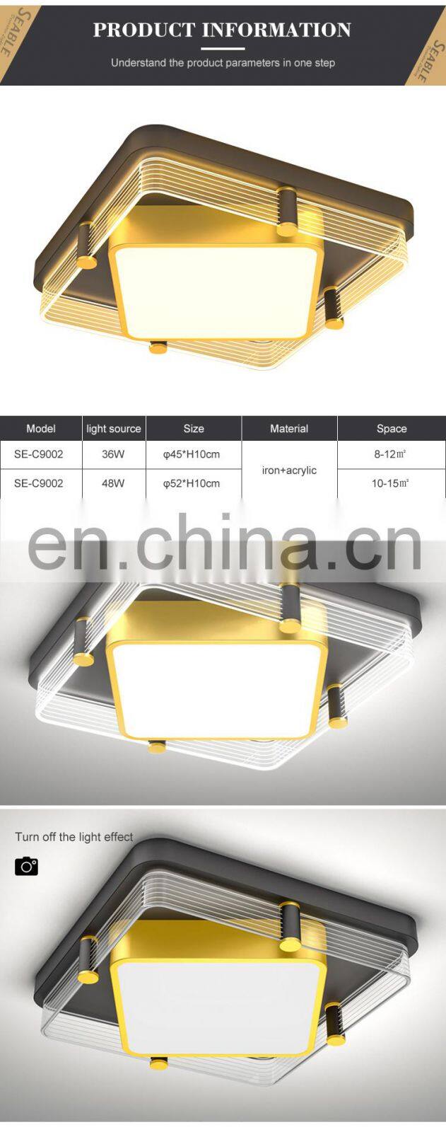 High Quality Decoration Indoor Black Gold Living Room Acrylic 36W 48W Modern Square LED Ceiling Lamp