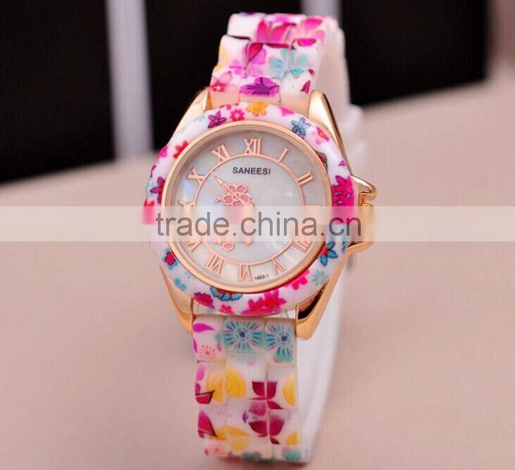 Newest Selling Hot Women/Ladies Fashion Watch Silicon Band Flower Print Jelly Sports Quartz