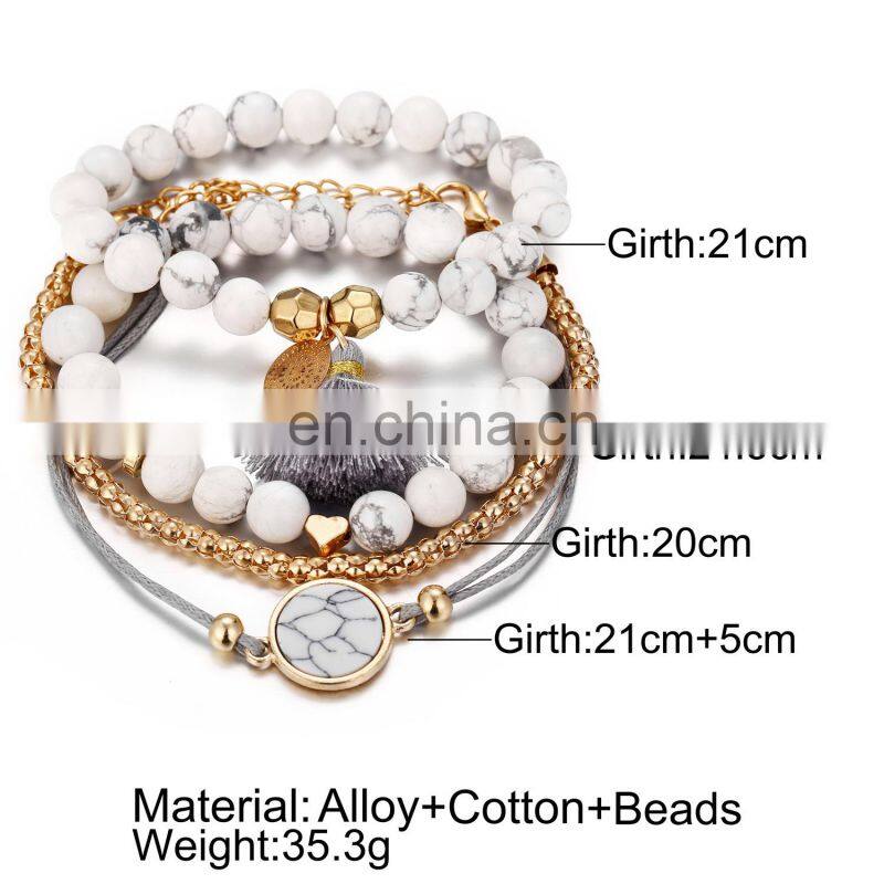 4pcs/Set Bohemian Stone beads chains bracelets Set For Women Metal Heart Round Tassel charm Bangle Fashion Jewelry
