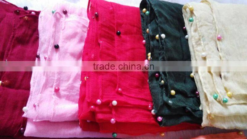 Hot Selling Self-made Plain Hijab Shawl Women Colorful Pearl Scarf