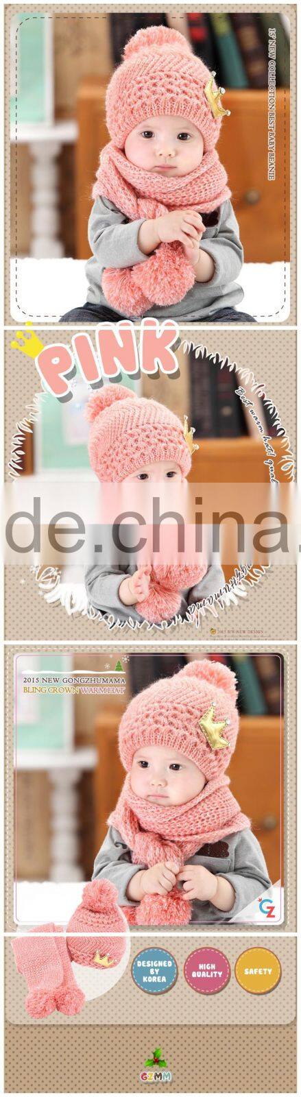 High Quality Fashion Korean Golden Crown Applique Knitted Kids Baby Hat Scarf Set