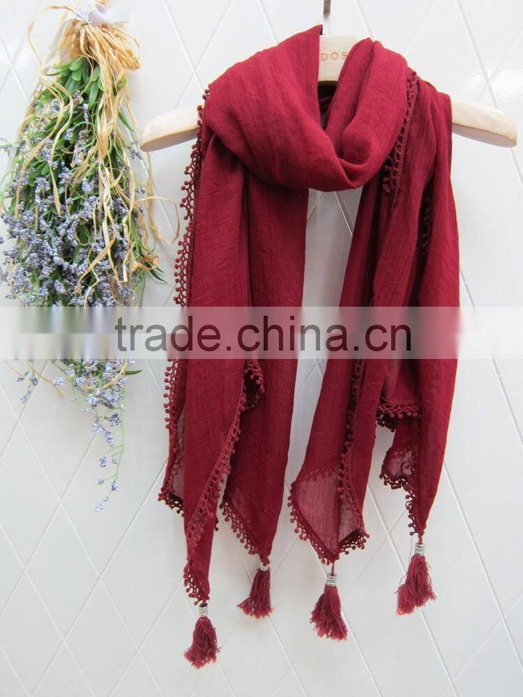 Fashion Latest Large Long Plain Cotton Linen Embroidery Lace Brim Tassel Scarf Shawl