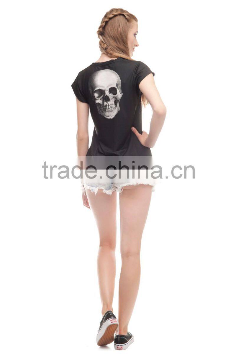 China Supplier Hot Sale Custom 3D Printing Skull Black Branded Woman T-shirt