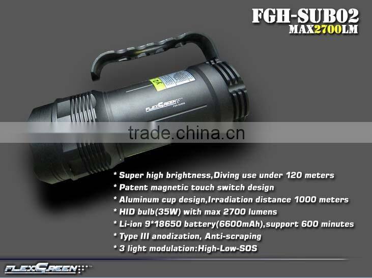 HID high bright handhold rechargeable diving torches and flashlights