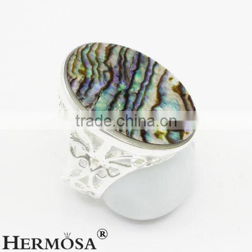 Precious Rainbow Real Abalone Shell 925 Sterling Silver Oval Big Stone Ring