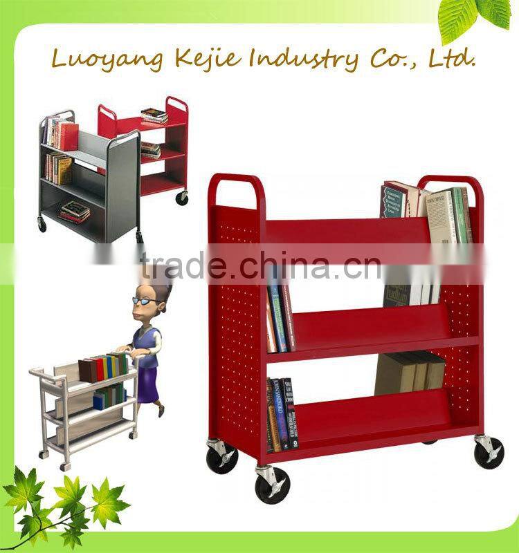 durable steel flat book cart/library trolley bookshelf/book rack shelving/steel rolling library book carts