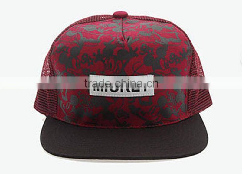 red wine flat brim trucker cap with foam mesh hat