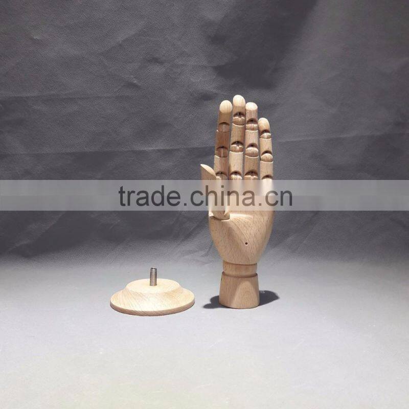 25cm height female left wooden hand beech wood with round wooden base an articulated hand