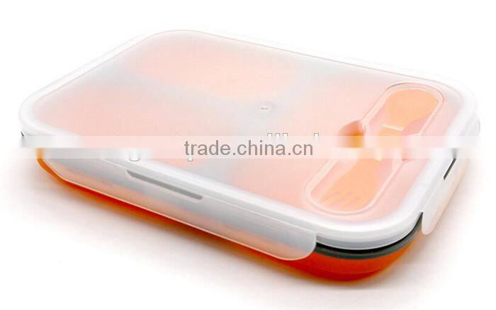 Silicone Lunch Box Bento Box,Collapsible BPA-Free Silicone Lunch Box with 3 Compartments and Cutlery - Orange