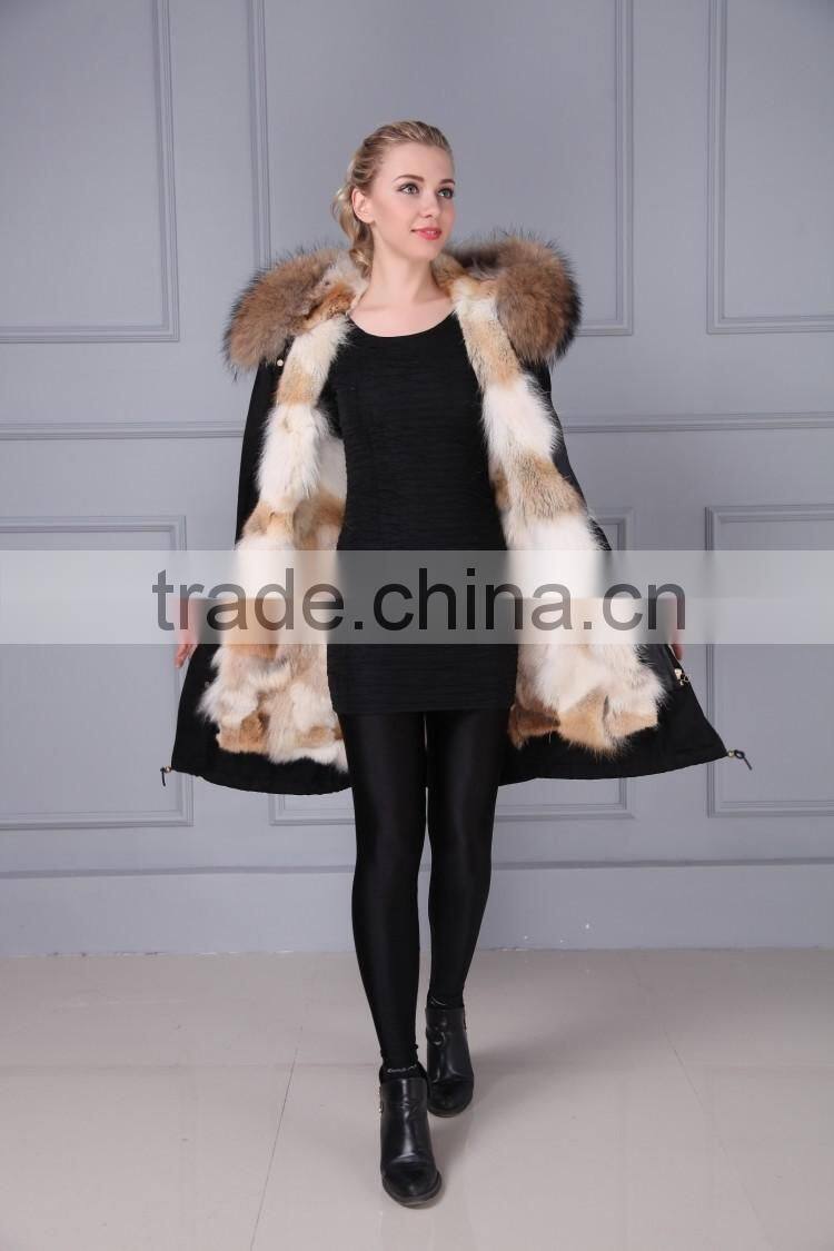 New Fashion Real Raccoon Fur Collar Fox Fur Lining Removable Hooded Parka