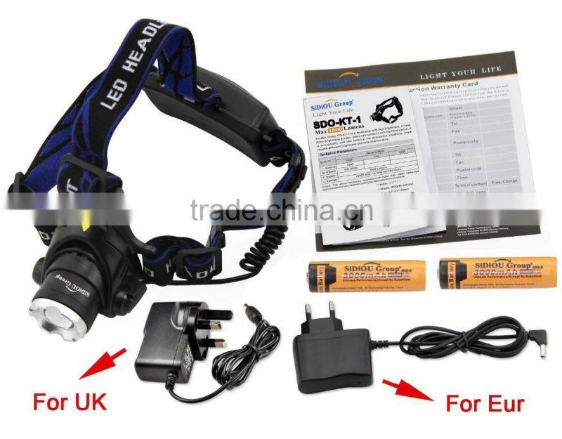 Sidiou Group 1800Lm XM-L T6 10W Focus LED Headlamp Light with 2 X 3.7V 3000mAh 18650 Rechargeable Battery and Battery Charger