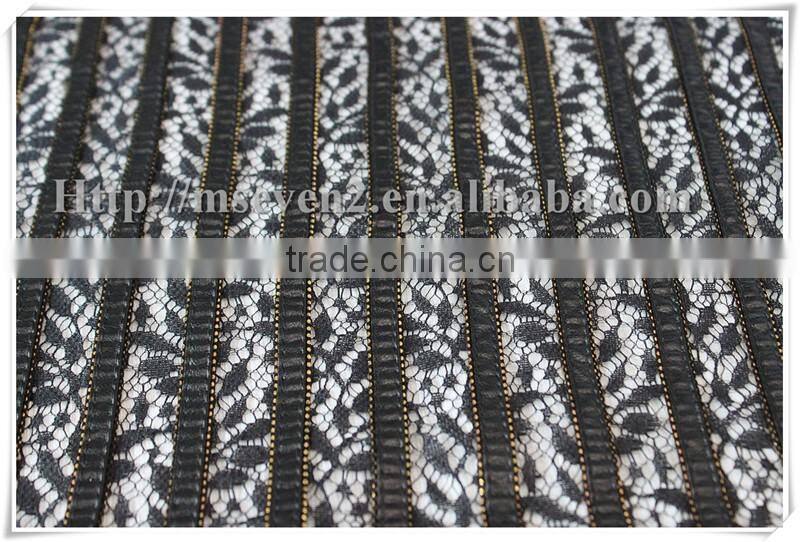 Fashion style leather lace fabric with gold chain for fashion clothing