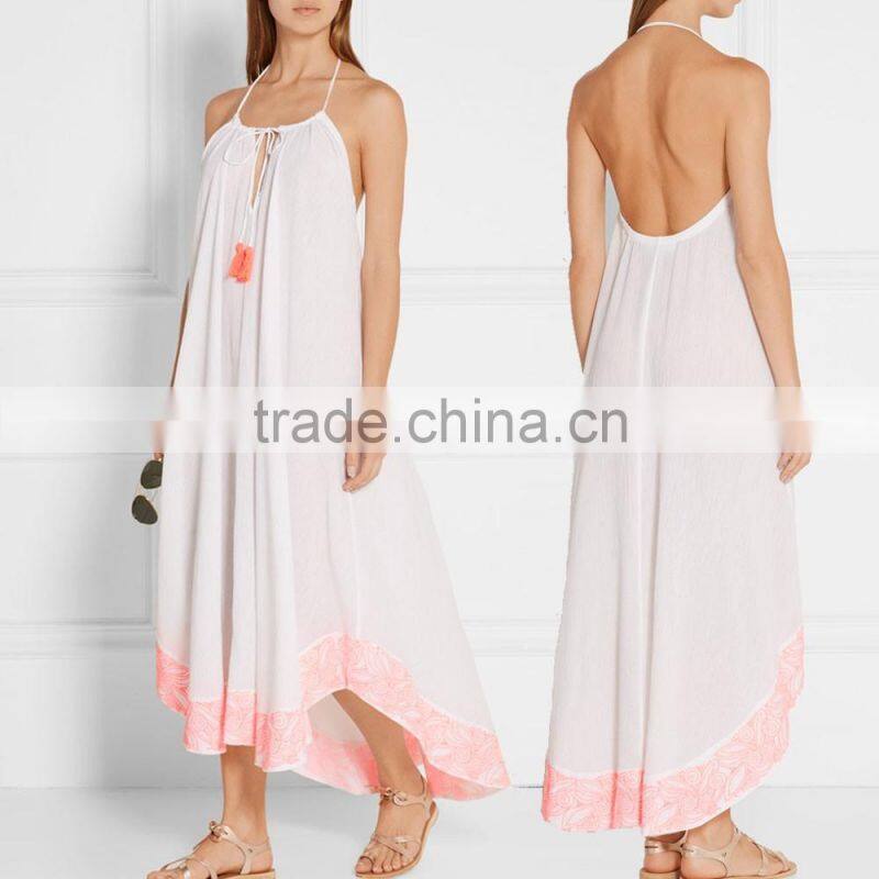 Holiday Sexy Cotton-Crepon Maxi Dress Backless Long Beach Dresses With Colorful Pink Embroidery Tasseled Ties 2016 HSD5840