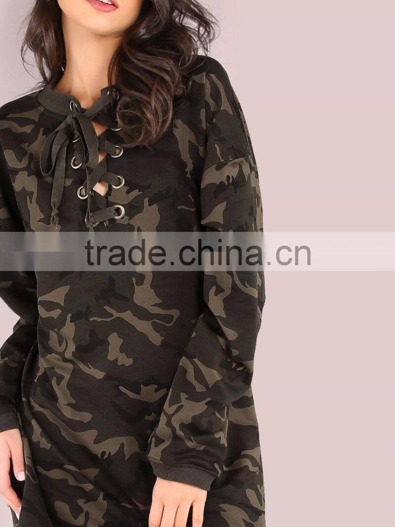 Allover Printing Camo Design Female Oversized Lace Up Long Sleeve Sweatshirt Dress