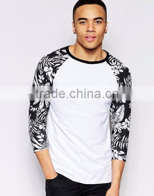 Men muscle fit floral pattern print contrast long raglan sleeve white t-shirt OEM custom