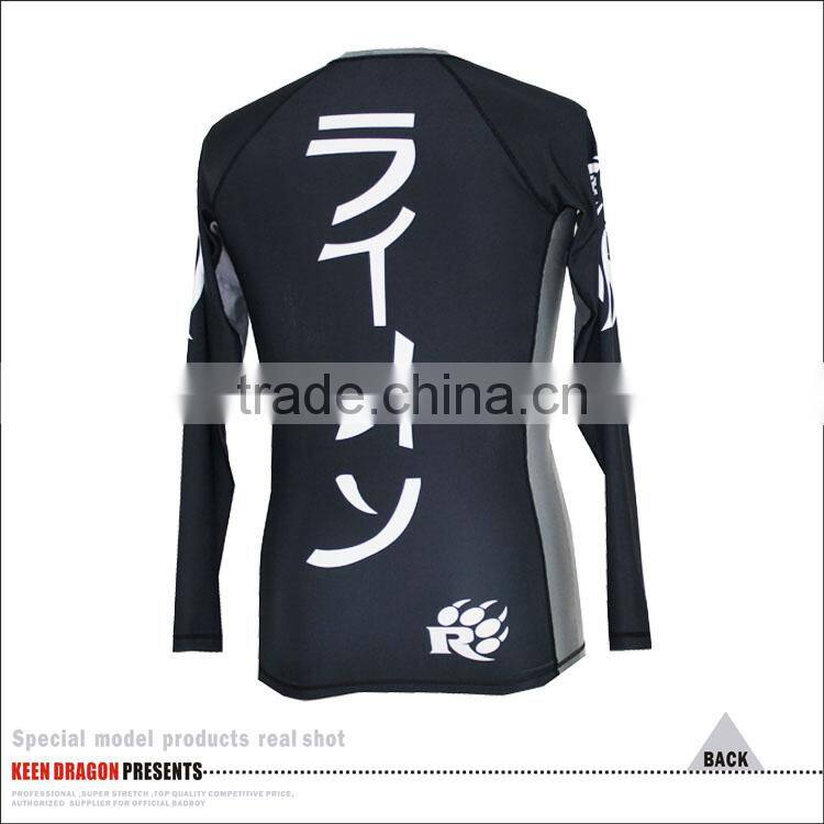 Black/white sublimation printed lycra compression bjj rash guards with long sleeves