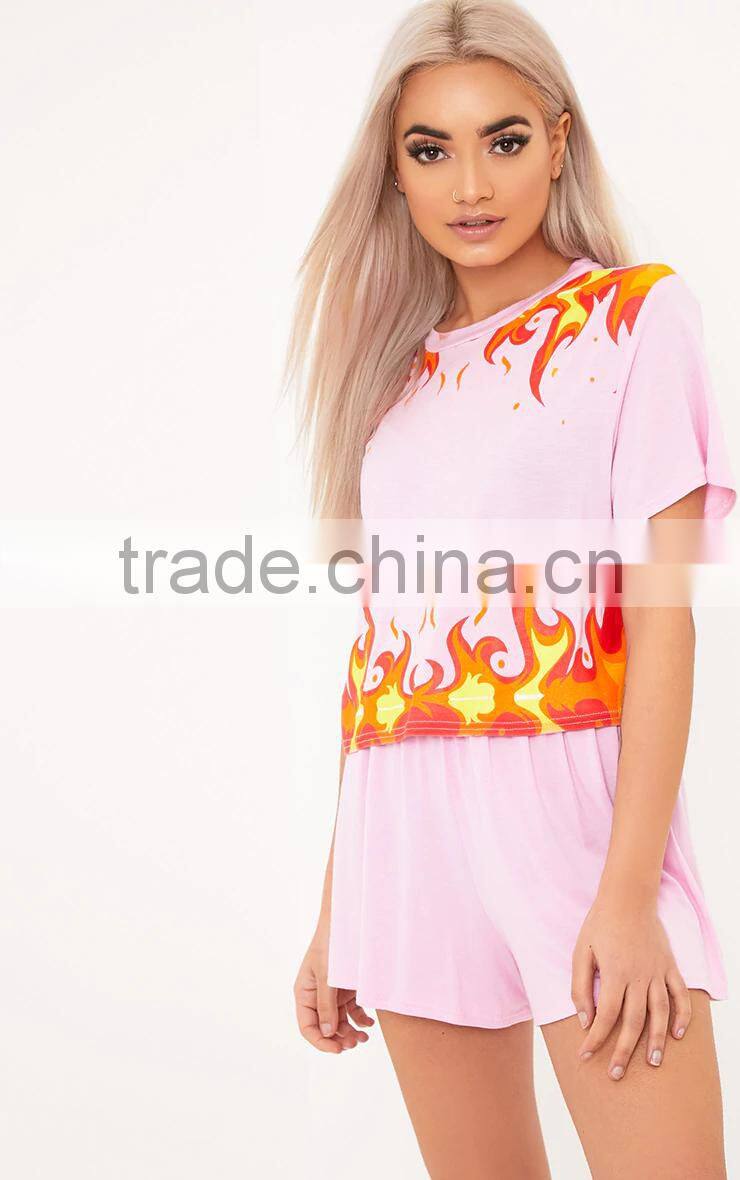 Custom Design Women Flame Print Baby Pink PJ Set Cotton Short Pajamas Summer Nightwear