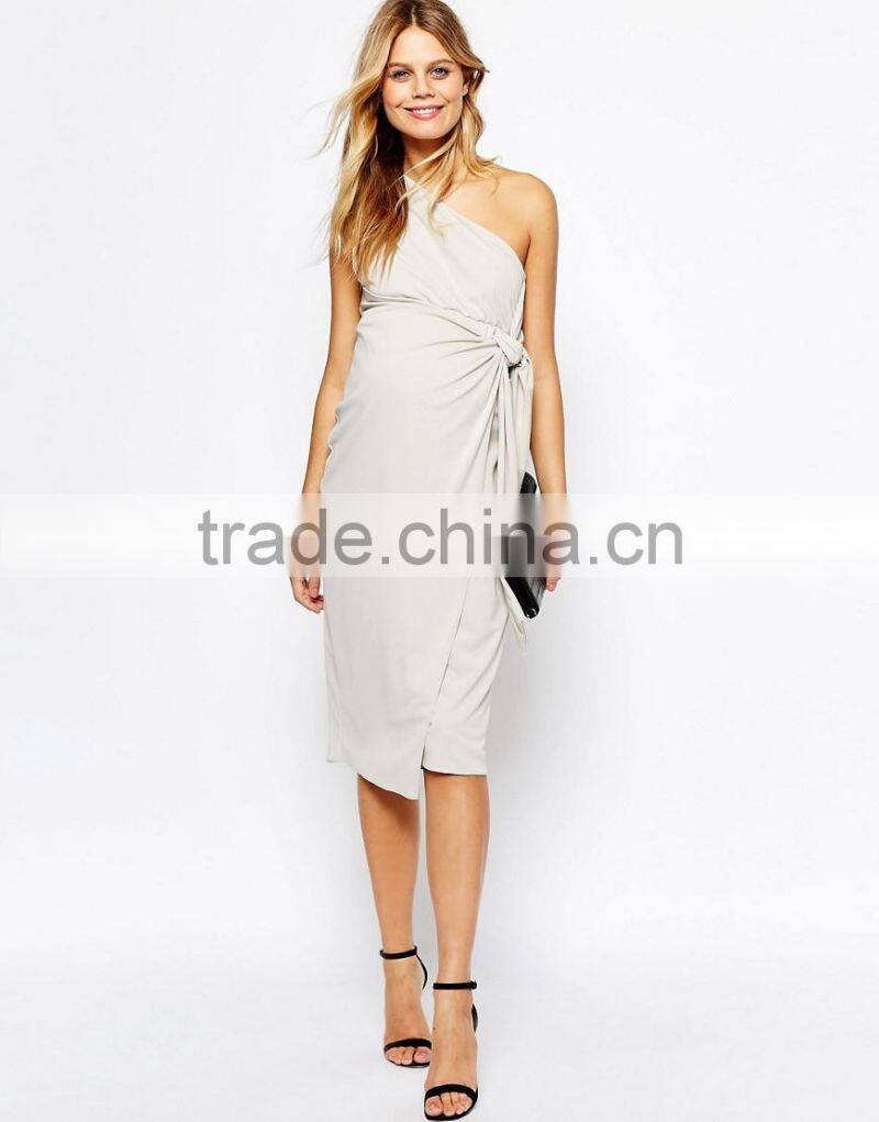 Fashion Maternity Drape Knot Front One Shoulder Midi Pencil Pregnant Party Dress
