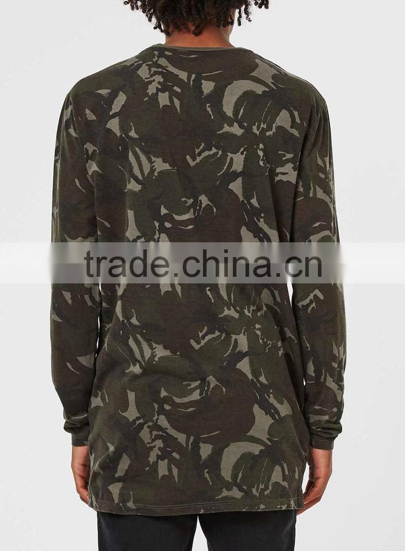 Camo printed longline t shirts mens long sleeve t-shirt custom for man