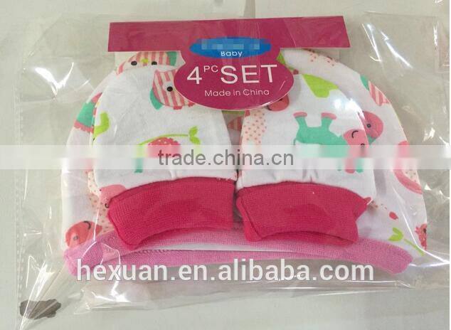 OEM or Stocked ,4pcs/set Newborn baby double hat, 2 pieces + protective gloves, 2 pairs of cotton, 4 pcs each set