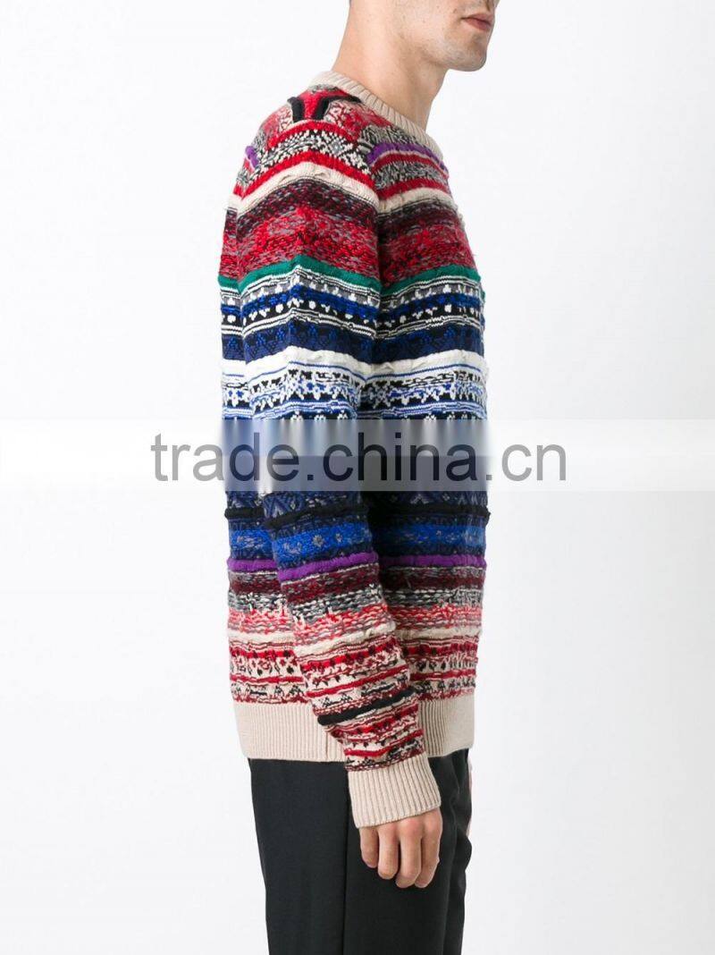Multi Color Crew Neck Knitted Jumper Men's Intarsia Sweater with Button Decoration on Shoulders