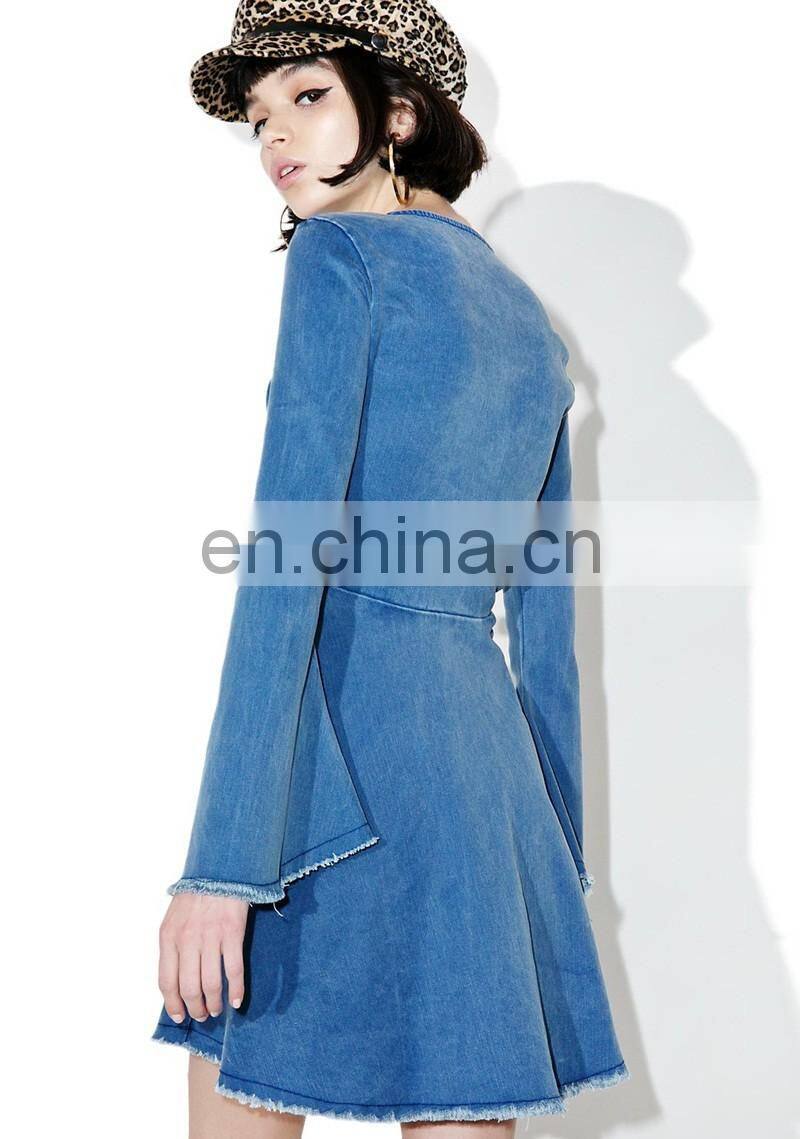 Fashion Jean Dress Long Sleeve Denim Dress with Flared Cuffs Rayed Edging