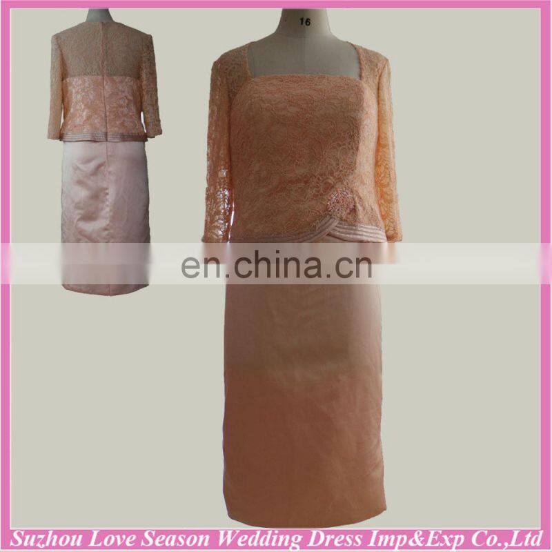 RP0038 mothe of the bride dress half sleeve square neckline satin knee length real sample evening dress pattern