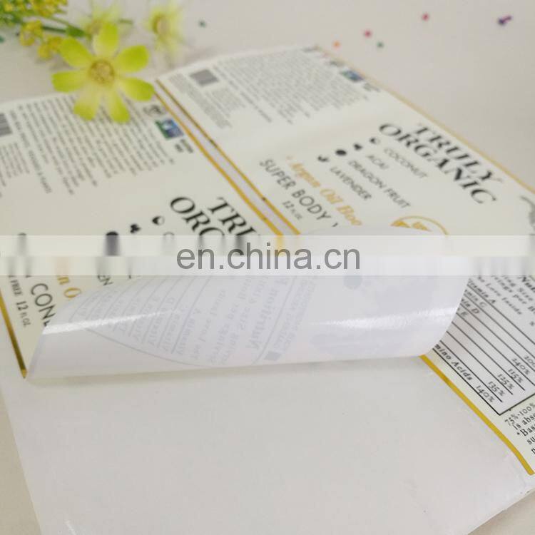 Cheap price organic food bottle labels sticker plastic sticker with gold stamping