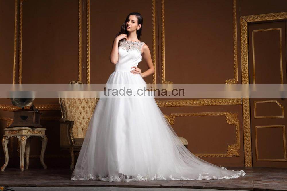 2016 new arrival elegant off shoulder sweetheart lace bottom crystals neck open back white bride wedding dress