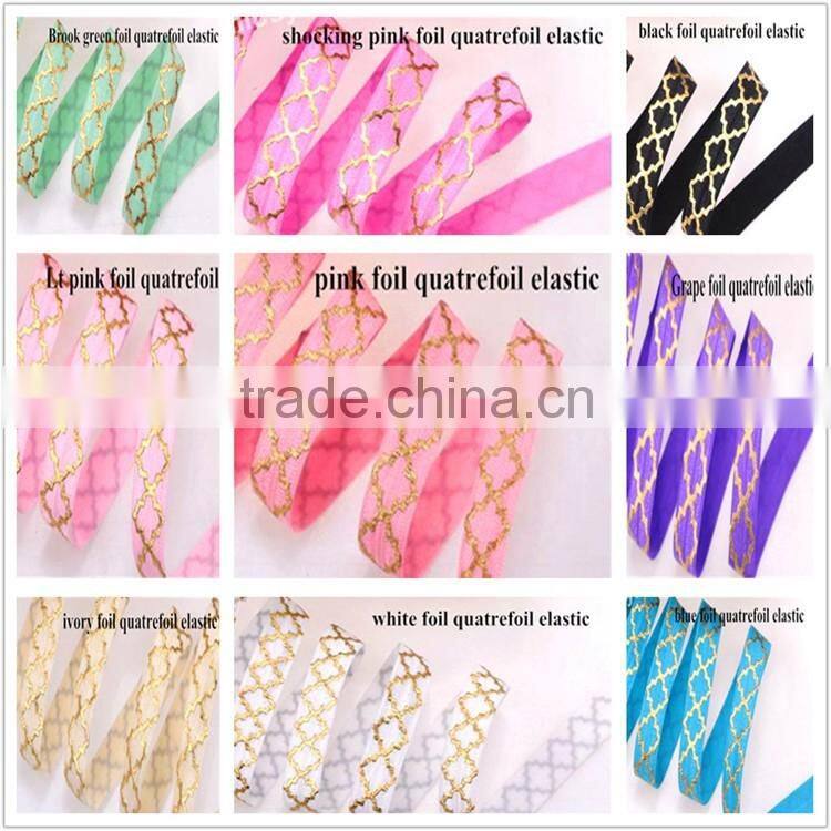 Valentine's Day Elastic Headband - Glitter Foil Gold Fold Over Elastic -5/8'' Polka Dots / Quatrefoil/heart/Stripe FOE