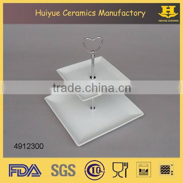 Ceramic 2-tier layered cake stand with silver handle fittings