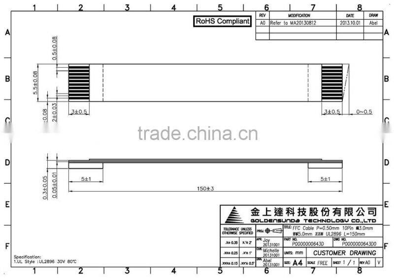 0.5mm Pitch 10PIN TIN PLATED 150mm FFC Cable