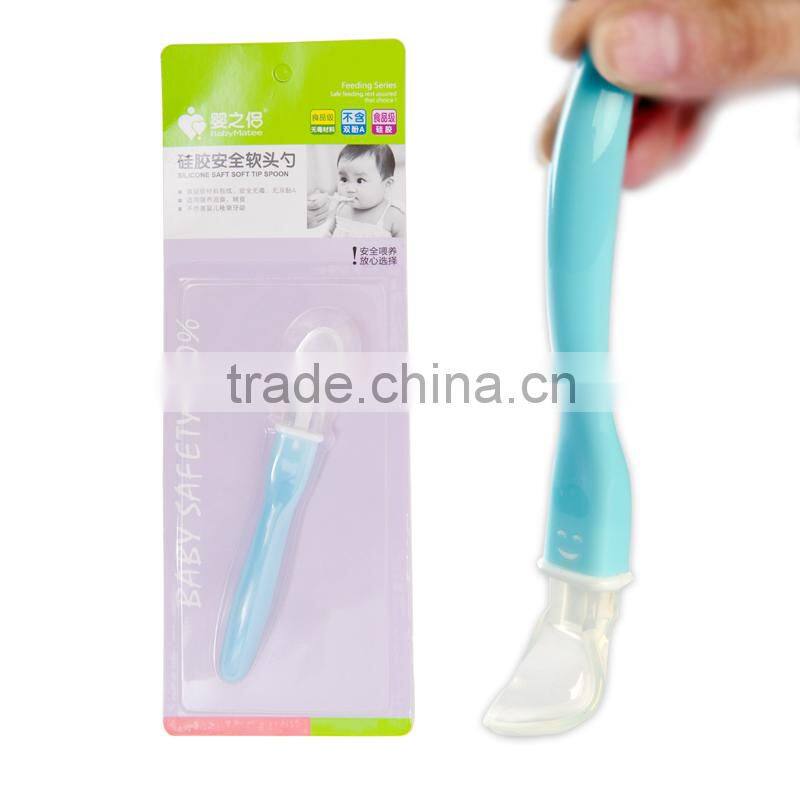Babymatee 2015 Newest Top Quality Soft BPA free Baby Feeding Spoon/Silicone Kid Spoon with PP Handle