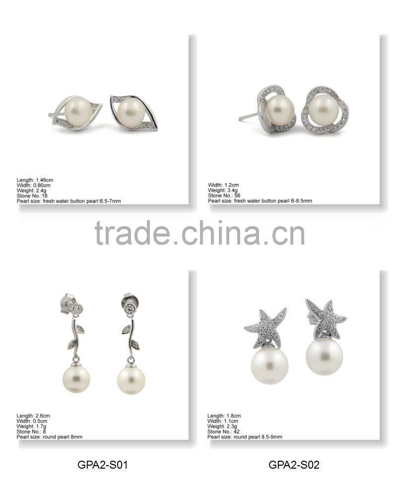 GPA2-004 Customized design 925 Silver Stud Earring with CZ Stones & Pearl Stone