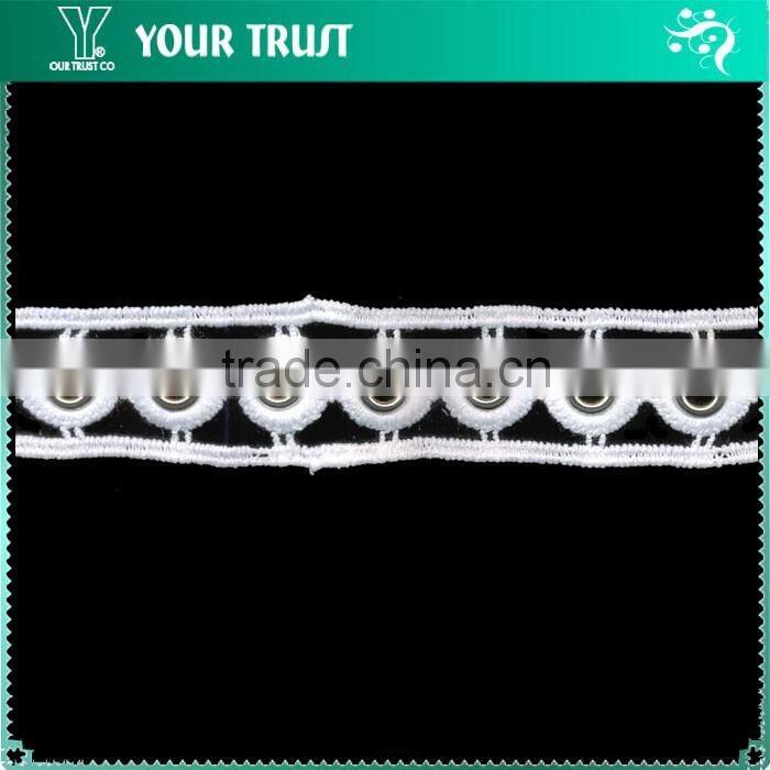 Two Row White Polyester Lace Rhodium Flat 10MM Metal Grommet Eyelet Trimming
