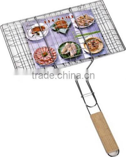 Wood Handle Rectangle BBQ Grill Grates Wire Mesh 32x19cm