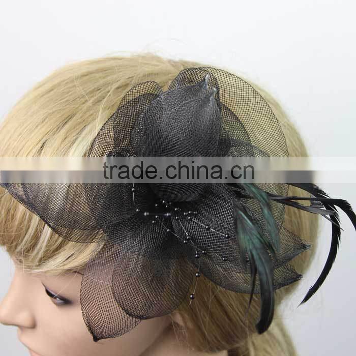 2015 Pin Hot Black Flower Feather Organza Mesh Hair Clip Fascinator Wedding