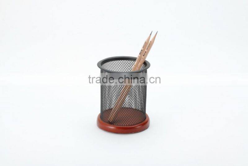 office supplier metal mesh wood base round pen and pencil pot