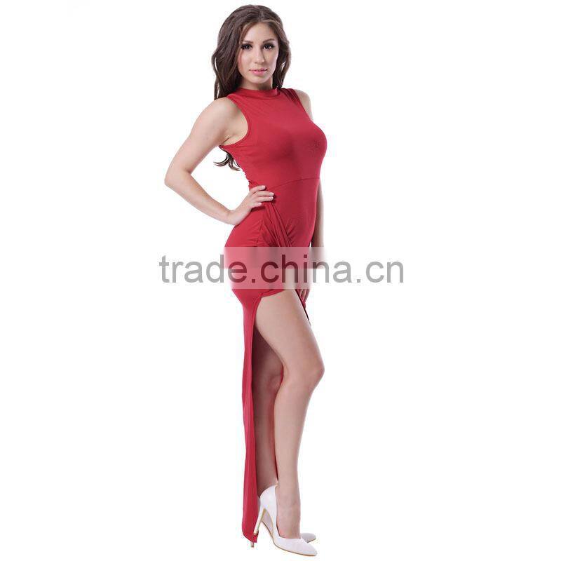 Unique design high neck thigh slit adult women full size sexy royal blue colour dress