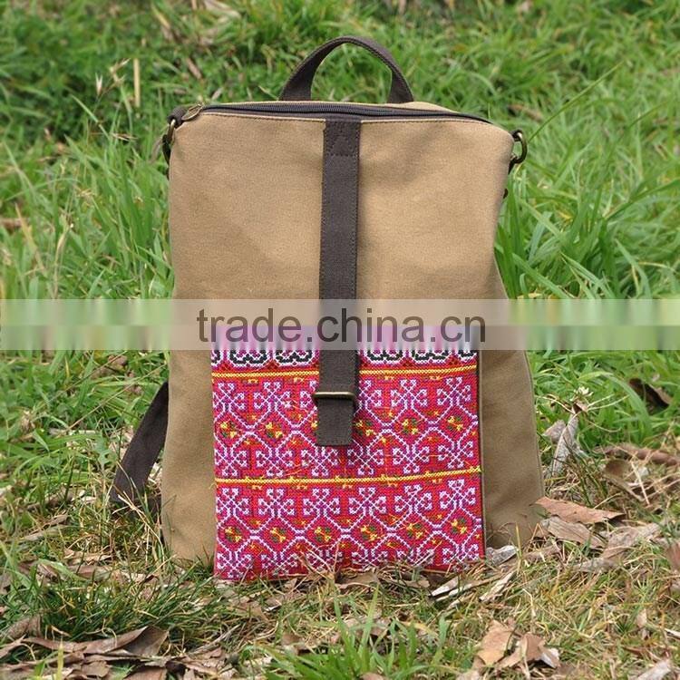 China alibaba jx brand backpack with pocket bag,custom canvas backpack, canvas and ethnic embroidery backpack