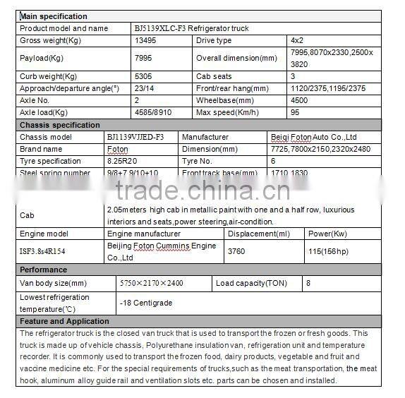 FOTON OLLIN 4x2 8 ton refrigerated vehicle