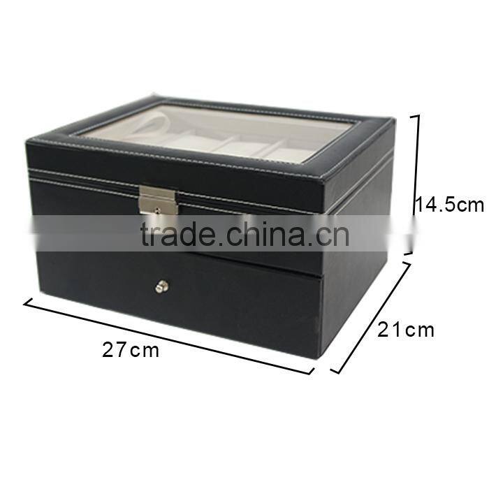 Black Leather 20 Watch Box Lockable Jewelry Display Case Organizer with Glass Top Drawer