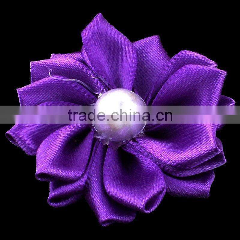 satin ribbon flower with pearl bead center for kids hair accessories
