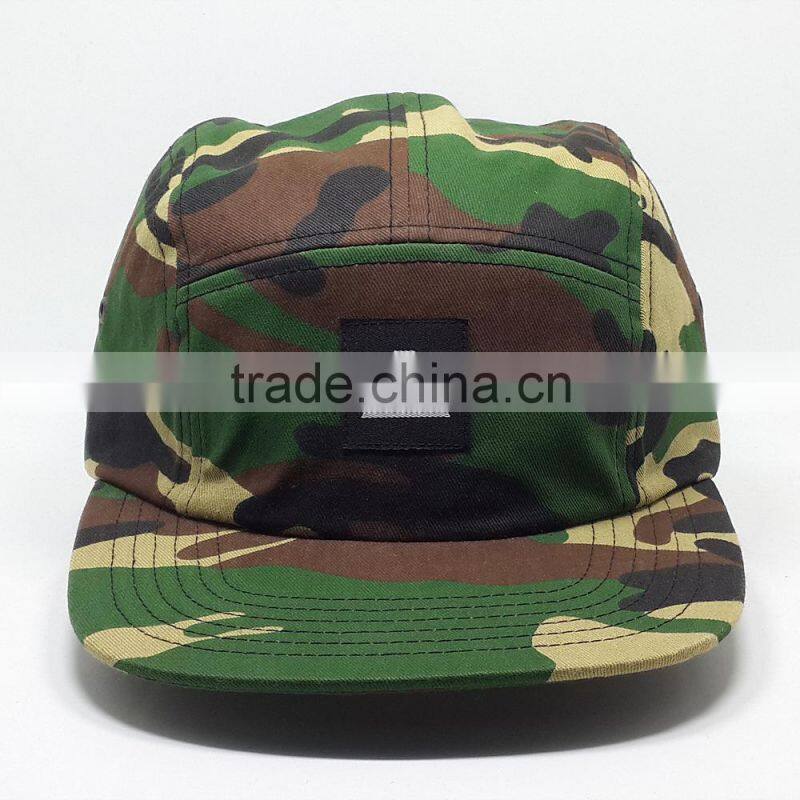 Custom pattern printed 5 panel hat with leather patch