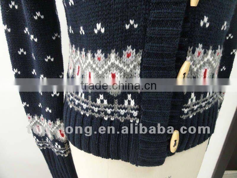 Fashion Jacquard Ladies Cardigan sweater with hooded of 100%acrylic