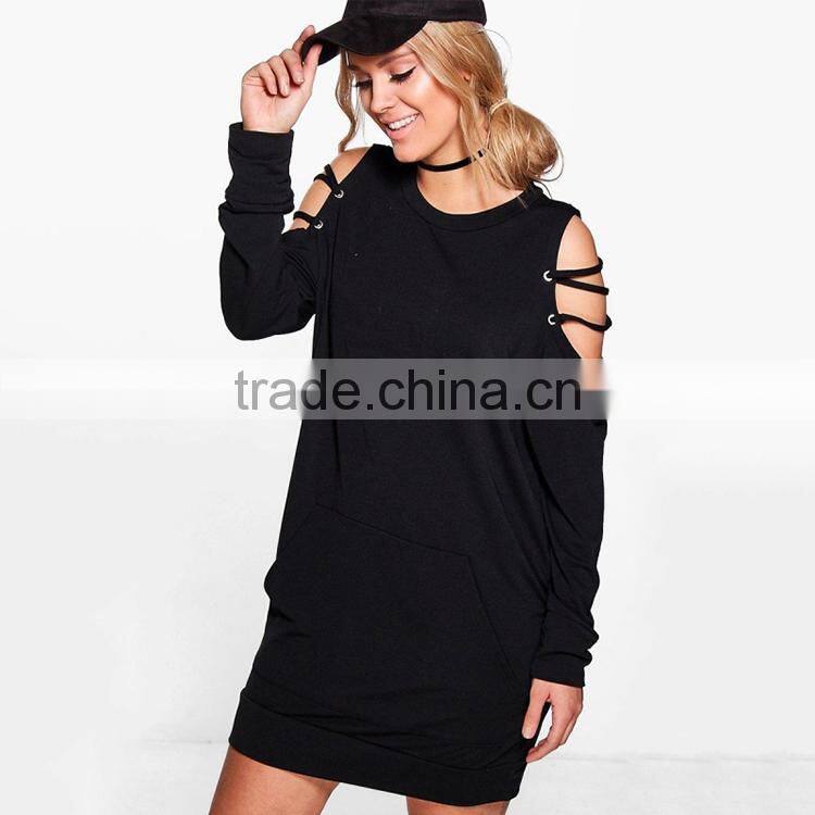 Kissmilk Fashion Plus Size Soild Cold Shoulder Women Dress Casual Hollow out Lace-up Long Sleeve Female Vestidos for Wholesale